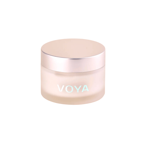 Glass jar with a metallic lid containing Hydraveil Hydrating Face Mask | VOYA, designed for skincare and hydration.