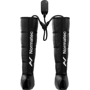 Normatec 3 Leg Recovery System | Hyperice black leg compression sleeves with control unit for muscle recovery and wellness, designed for athletes and body care.