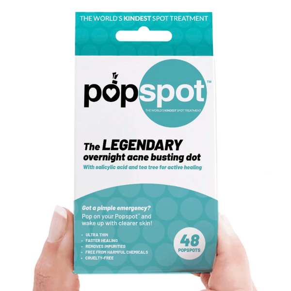Packaging of Popspot Spot Treatment - Acne & Pimple Remover Dot (48 Pack) | Popmask showing the product as a legendary overnight acne busting dot with salicylic acid and tea tree for healing, held by two hands.