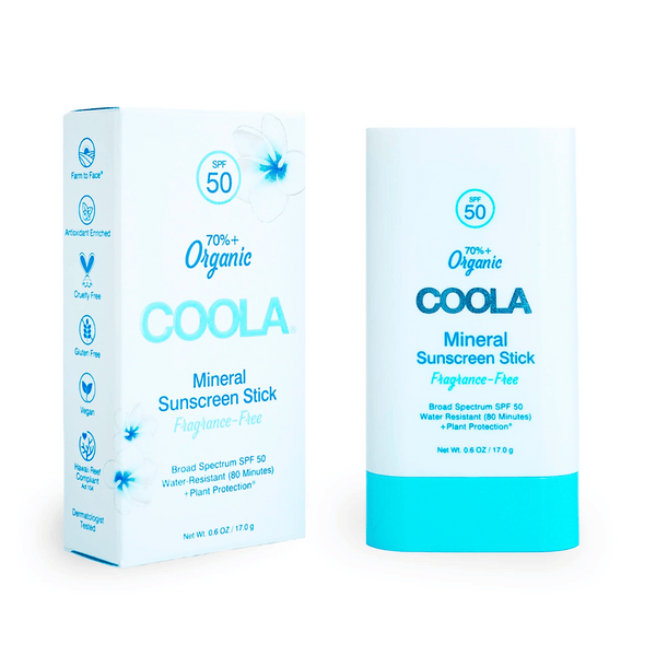 Mineral Stick SPF 50 | COOLA organic broad spectrum mineral sunscreen stick in white and blue packaging, fragrance-free, vegan, and water-resistant for skincare protection.