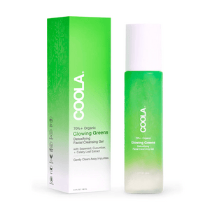 Glowing Greens Detoxifying Facial Cleansing Gel | COOLA in a green and white bottle with matching green packaging, highlighting skincare with organic ingredients for detoxifying and cleansing.