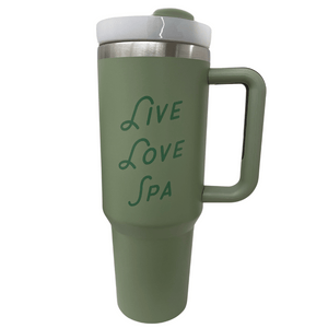 Live Love Spa Retro 40 oz Tumbler | Live Love Spa in green with a white lid and a sturdy handle, featuring the "Live Love Spa" text for stylish hydration during wellness routines.