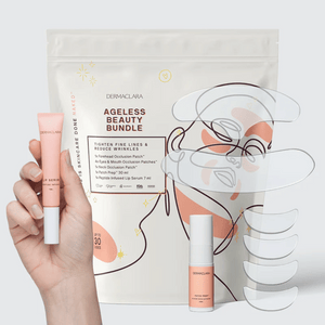 Ageless Beauty Bundle | Dermaclara featuring skincare patches and peptide infused lip serum displayed with a modern minimalist packaging design and an abstract face illustration.