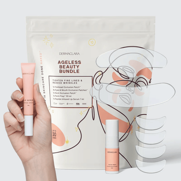 Ageless Beauty Bundle | Dermaclara featuring skincare patches and peptide infused lip serum displayed with a modern minimalist packaging design and an abstract face illustration.
