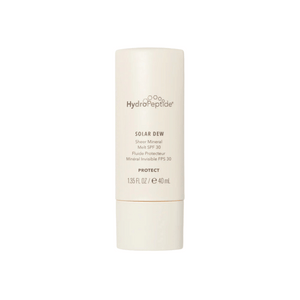 HydroPeptide Solar Dew SPF Mineral Serum in a sleek beige tube with SPF 30, designed for skincare protection and sun defense in a 1.35 fl oz size.