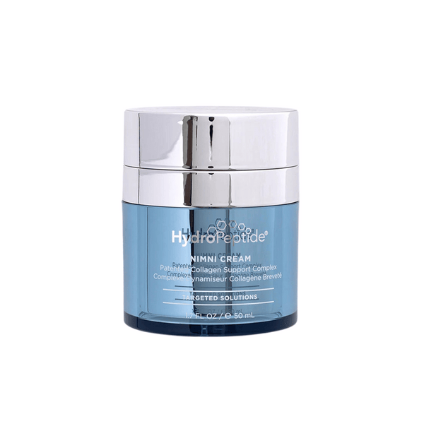 Blue and silver jar of Nimni Cream .5 oz | HydroPeptide skincare product designed for collagen support and targeted skin solutions.