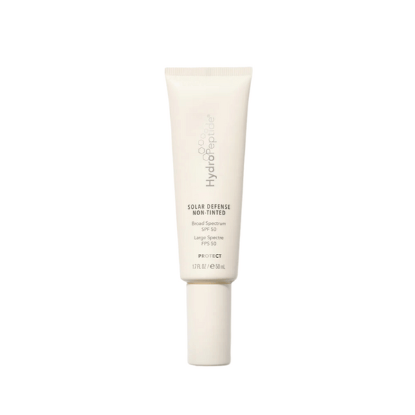 Tube of Solar Defense Non-Tinted SPF50 | HydroPeptide skincare product with broad spectrum sun protection for sensitive skin and daily use.