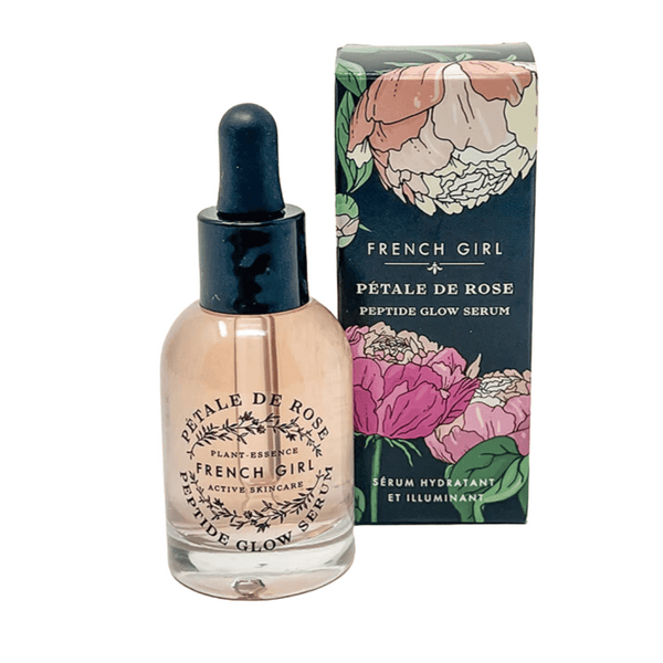 Glass dropper bottle and floral box packaging of Peptide Glow Serum | French Girl skincare product with botanical design and elegant labeling for radiant skin.