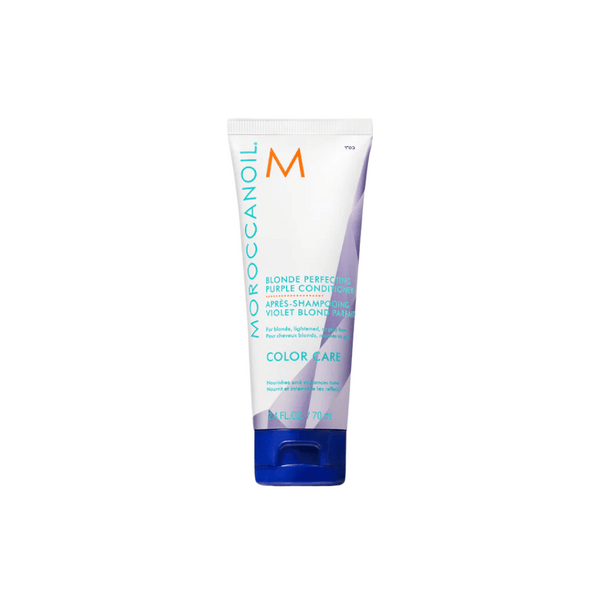 Blonde Perfecting Purple Conditioner | Moroccanoil tube with purple and blue accents for color care, designed to nourish and enhance blonde hair.