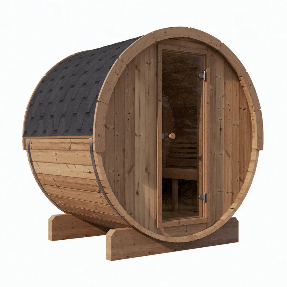 E6 Sauna Barrel - 2-4 Person | Western Sol, crafted from natural wood with a curved design, featuring a glass door and shingled roof for a cozy wellness spa experience.