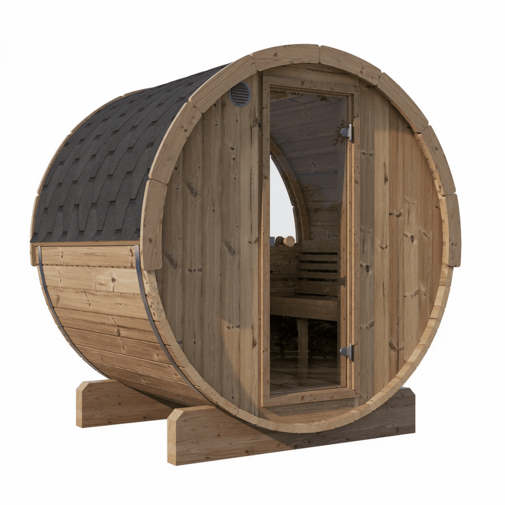 E6W Barrel Sauna - 3 Person | Western Sol wooden barrel sauna with glass door and black shingled roof, designed for wellness and relaxation in a compact, stylish structure.