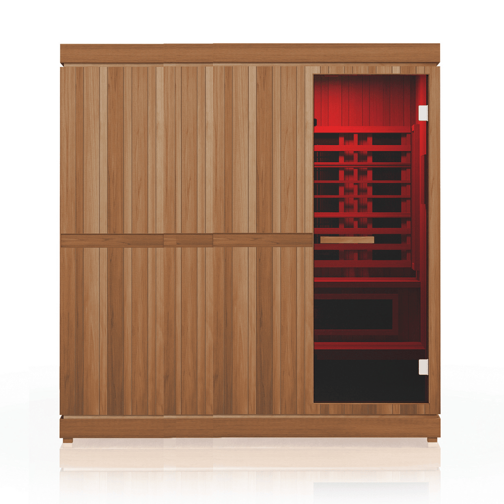 Trinity XL Sauna - 4 Person | Western Sol with wooden panel exterior and glass door revealing warm red interior lighting for an inviting wellness and body care experience.