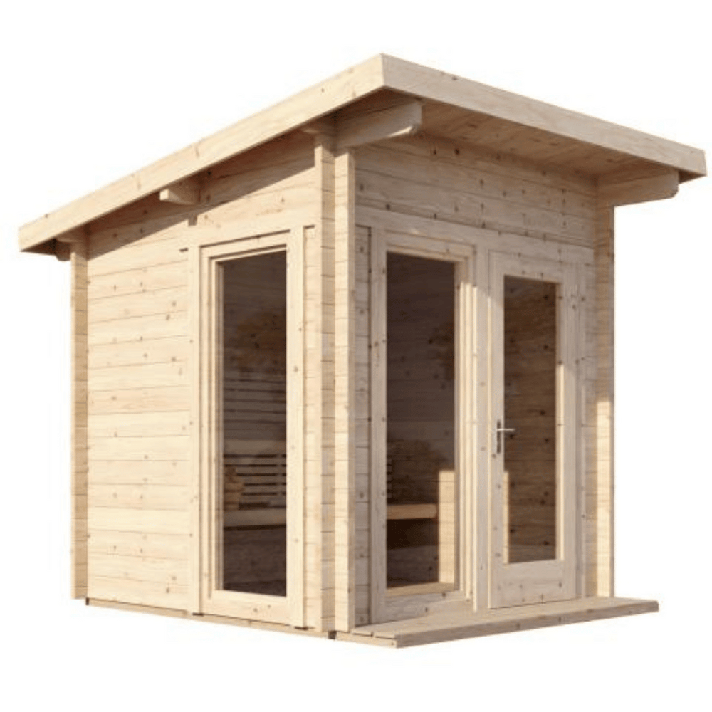 G4 Sauna - 6 Person | Western Sol wooden outdoor sauna with large glass doors and windows, designed for wellness and relaxation, featuring a modern slanted roof.