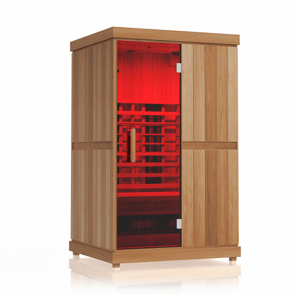 FD2 Sauna - 2 Person | Western Sol wooden infrared sauna with glass door illuminated by red interior lighting, designed for wellness and body care relaxation.