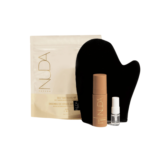 Self Tan Travel Kit | NUDA with a tan bottle, small clear spray, black tanning mitt, and beige resealable pouch, designed for convenient skincare and body care on the go.