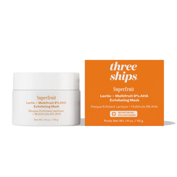 White jar and bright orange box of Superfruit Lactic + Multifruit 8% AHA Exfoliating Mask | Three Ships, a skincare product for brightening and exfoliating.