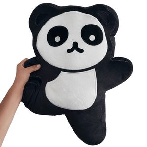 A soft black and white panda plushie held by a hand, designed in a simple, cute style with large eyes and a pocket on its belly, named Yogi Panda Plushie | Lucky Owl.