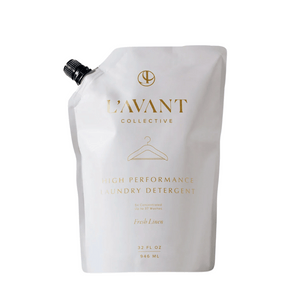 Laundry Detergent Refill Pouch | L'AVANT Collective with high performance formula, fresh linen scent, and 32 fluid ounces for multiple washes in a sleek white refill bag.