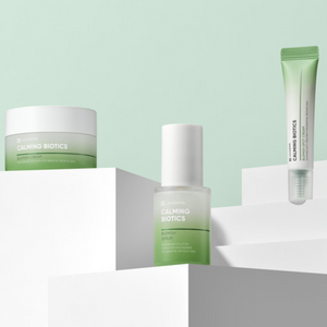 Calming Biotics Blemish Spot Cream | Leaders displayed alongside matching calming biotics skincare products in green and white packaging for blemish care and skin soothing.