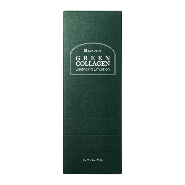 Dark green rectangular packaging box for Green Collagen Balancing Emulsion | Leaders skincare product designed for hydration and balance.
