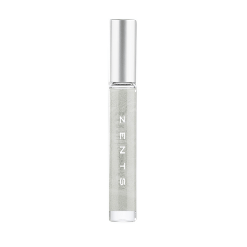Clear glass roll-on bottle with silver cap containing a light-colored liquid, labeled with "ZENTS," representing the Attar Roll-on Scent | Zents for personal wellness and body care.