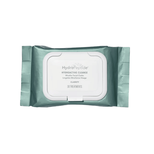 Package of Hydroactive Cleanse Cloths - 30 Pack | HydroPeptide featuring a resealable lid for convenient skincare and facial cleansing use.