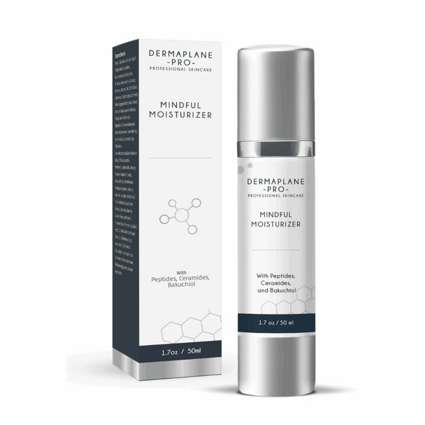 Packaging and bottle of Mindful Moisturizer | DermaplanePro featuring peptides, ceramides, and bakuchiol for professional skincare use.