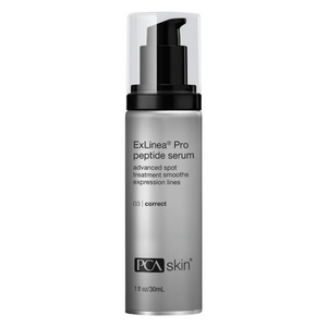 ExLinea Pro | PCA Skin peptide serum in a sleek silver bottle with black pump designed for advanced spot treatment and smoothing expression lines in skincare routines.