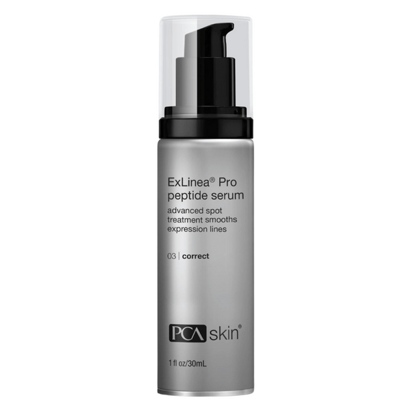 ExLinea Pro | PCA Skin peptide serum in a sleek silver bottle with black pump designed for advanced spot treatment and smoothing expression lines in skincare routines.