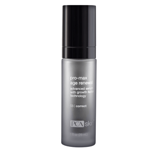 ProMax Age Renewal | PCA Skin advanced serum bottle with growth factor technology for skincare and age renewal, sleek silver and black design on white background.