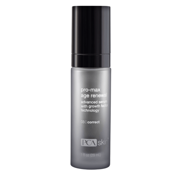 ProMax Age Renewal | PCA Skin advanced serum bottle with growth factor technology for skincare and age renewal, sleek silver and black design on white background.