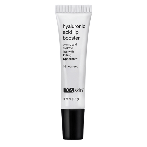 Tube of Hyaluronic Acid Lip Booster | PCA Skin with black cap, featuring hydrating formula to plump and hydrate lips with Filling Spheres technology.