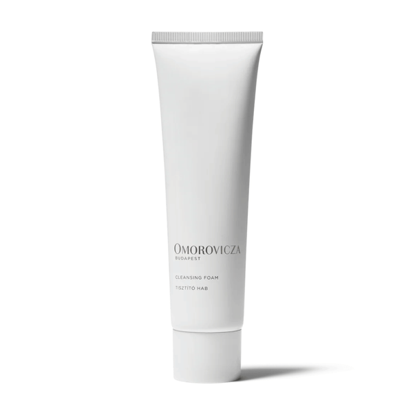 Minimalist white tube of Cleansing Foam | Omorovicza skincare product standing upright on a white background, designed for gentle facial cleansing and skincare routines.
