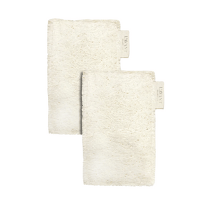 Two natural beige scrubbing sponges made from eco-friendly materials with L'AVANT Collective tags, labeled Eco-Friendly Dish Sponges - Set of 2 | L'AVANT Collective.