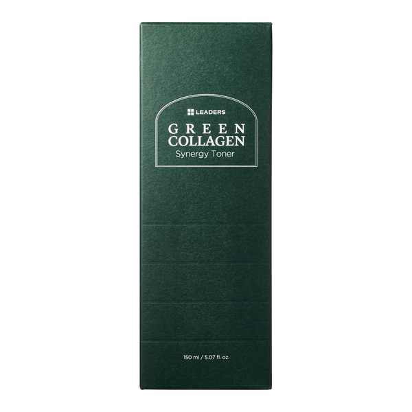 Packaging box of Green Collagen Synergy Toner | Leaders in dark green with white text, emphasizing skincare and wellness product features.