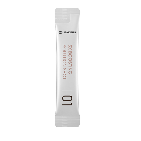 A white sachet pack labeled 3X Boosting Solution Shot 01 from Leaders, a skincare product associated with the 3X Boosting Modeling Mask - Collagen | Leaders, designed for skin hydration and collagen support.
