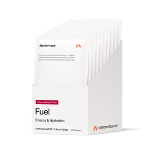 Box of Fuel 10-Travel Packs in cherry berry flavor, showing individual white energy and hydration drink mix packets arranged upright for convenient access.