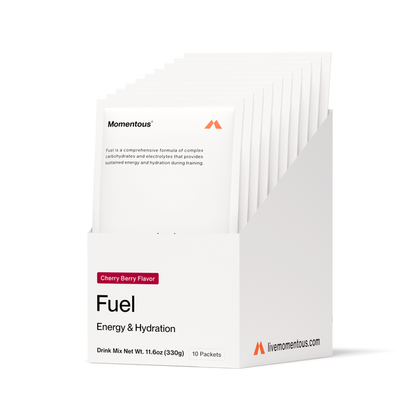 Box of Fuel 10-Travel Packs in cherry berry flavor, showing individual white energy and hydration drink mix packets arranged upright for convenient access.