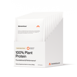 Display box of 100% Plant Protein 10-Travel Packs in vanilla spice flavor featuring individual white packets arranged inside, designed for on-the-go wellness supplementation.