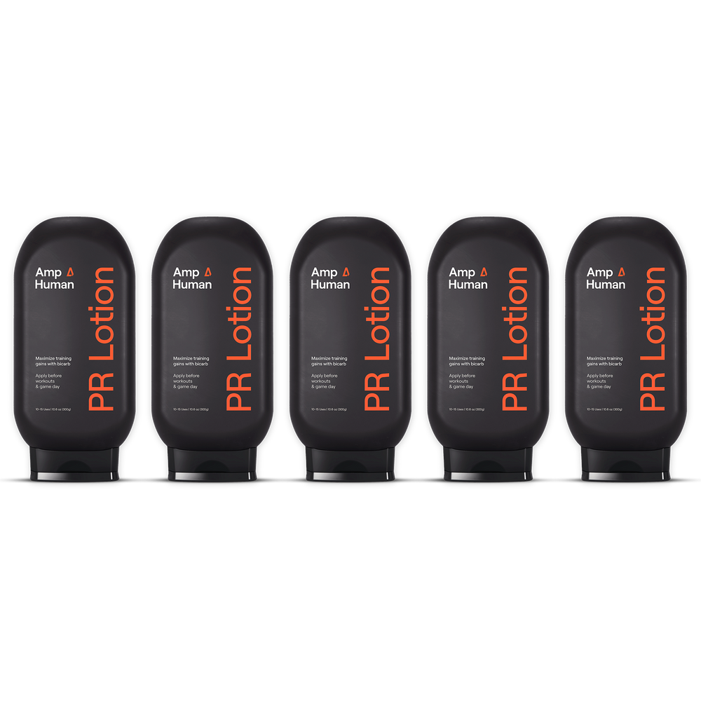 Five black bottles of Amp Human PR Lotion arranged in a row, showcasing the "PR Lotion® Buy 4, Get 1 Free. $175 Value" offer for skincare and body care.