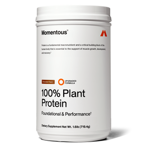 Container of 100% Plant Protein Powder dietary supplement in chocolate flavor with foundational and performance support for muscle growth and recovery