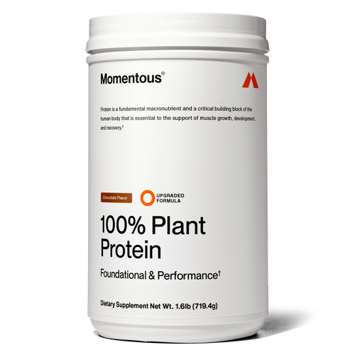 Container of 100% Plant Protein Powder dietary supplement in chocolate flavor with foundational and performance support for muscle growth and recovery