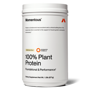 Container of 100% Plant Protein Powder in vanilla spice flavor with clean white label highlighting foundational and performance benefits for muscle growth and recovery.