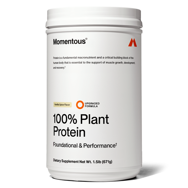 Container of 100% Plant Protein Powder in vanilla spice flavor with clean white label highlighting foundational and performance benefits for muscle growth and recovery.