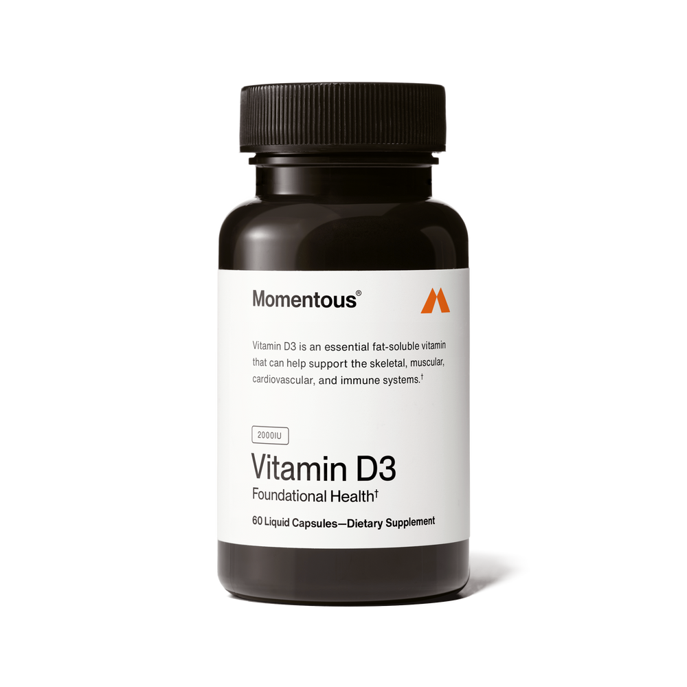 Bottle of Momentous Vitamin D3 2000 IU dietary supplement with 60 liquid capsules supporting skeletal, muscular, cardiovascular, and immune health for wellness supplements.