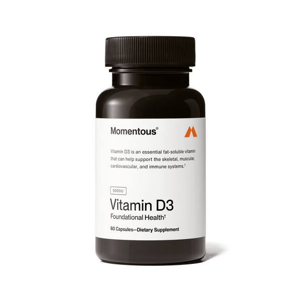 Bottle of Vitamin D3 5000 IU dietary supplement capsules supporting skeletal, muscular, cardiovascular, and immune health for overall wellness.