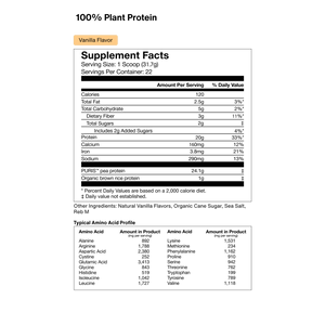 Nutritional facts panel for 100% Plant Protein Powder, vanilla flavor, showing serving size, calories, and detailed macronutrient and vitamin content for wellness supplement use.