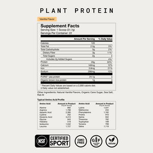 Nutrition facts label for The Momentous Three - Vegan vanilla flavor plant protein supplement showing calories, fats, carbohydrates, protein content, and typical amino acid profile with certification logos.