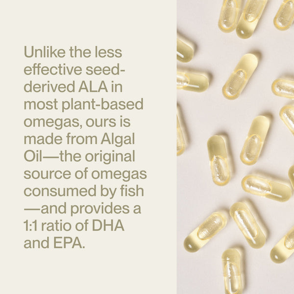 Clear softgel capsules of Vegan Omega-3 dietary supplement displayed next to text explaining it is made from algal oil providing a balanced 1:1 ratio of DHA and EPA omega fatty acids.