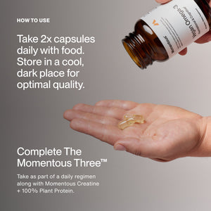 Hand holding two clear capsules with a Vegan Omega-3 bottle tilted above, accompanied by text instructions on daily use and storage for wellness supplements.